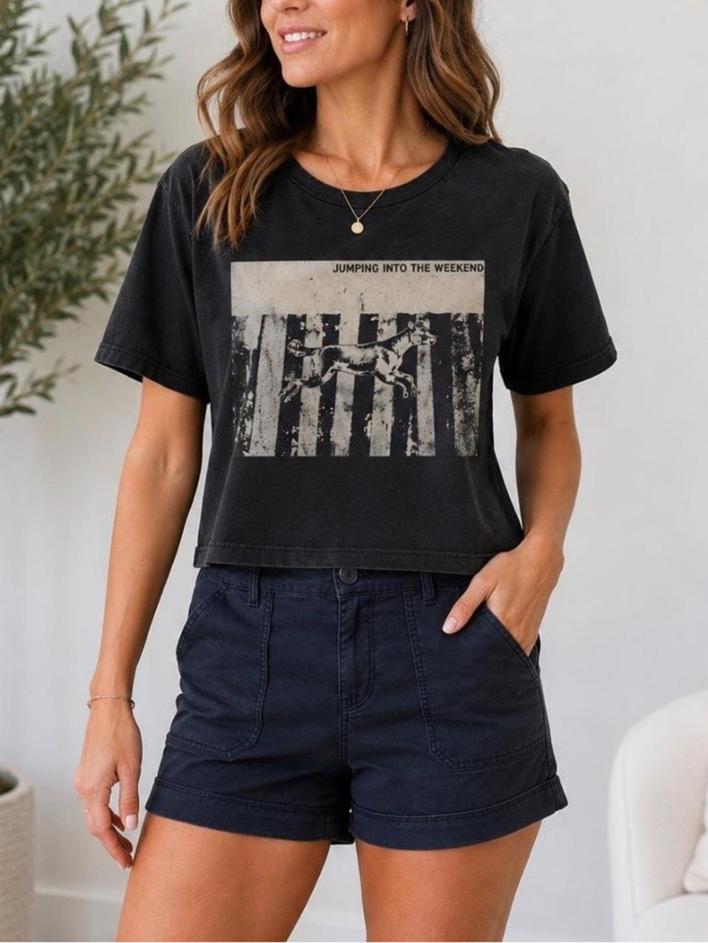 aerie Charcoal/Black Crop Graphic Tee with Faded Beige Graphic Print